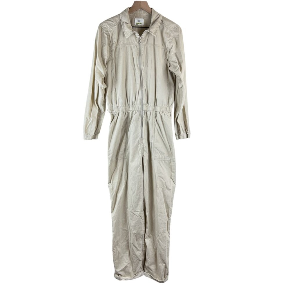 aerie Cream Long Sleeve Zip-Front Jumpsuit